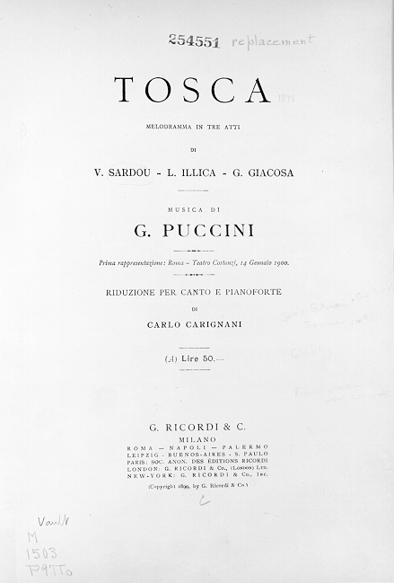 Watanabe Special Collections - Puccini's TOSCA Title Page