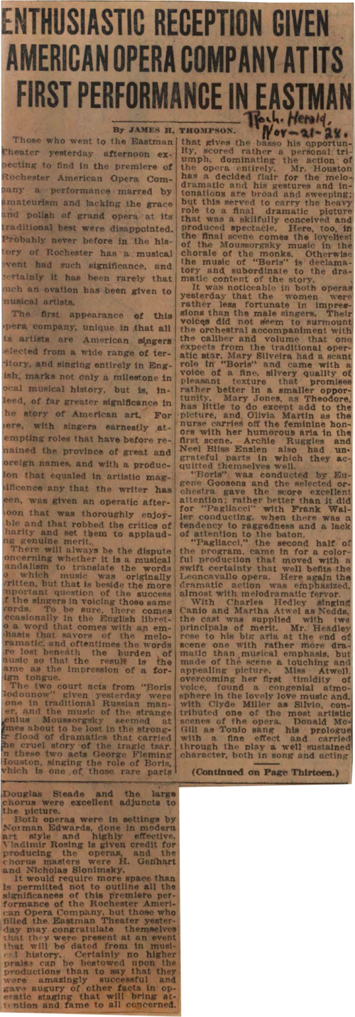 Review published in the Rochester Herald, November 21st, 1924.