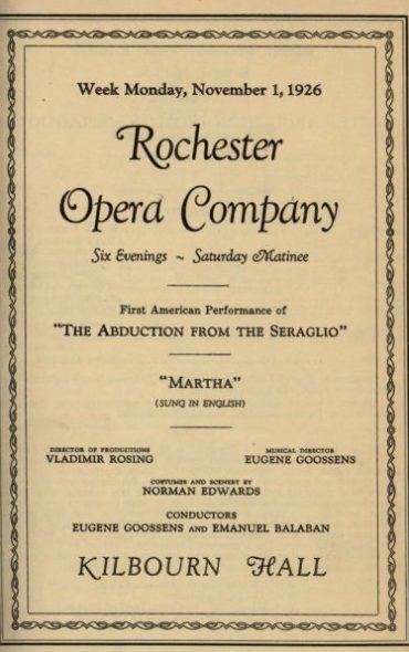 Printed program for the week-long engagement in Kilbourn Hall, promoting the American premiere of Mozart’s opera The Abduction from the Seraglio