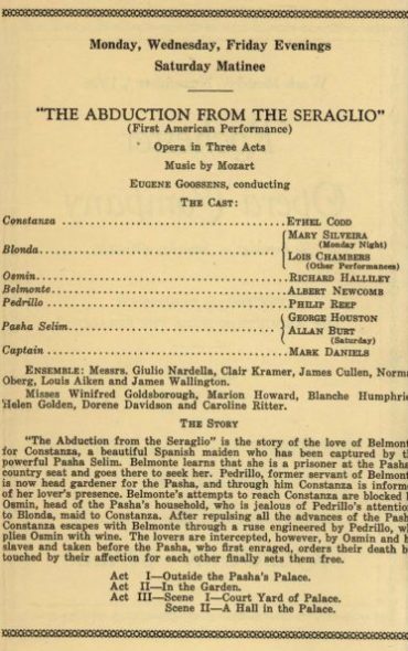 Printed program for the week-long engagement in Kilbourn Hall, promoting the American premiere of Mozart’s opera The Abduction from the Seraglio