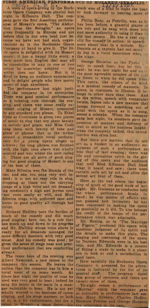 Press item. 1926 November 2 news item First American performance of Mozart’s Seraglio