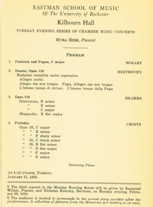 printed program, Myra Hess, January 31, 1933