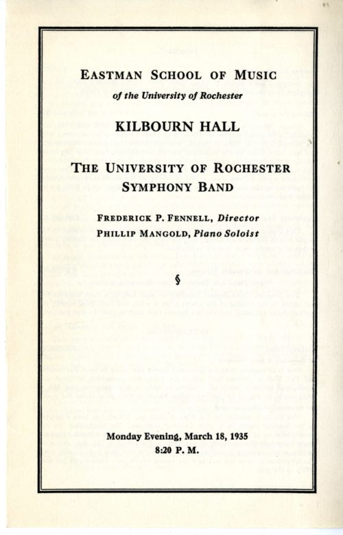 Printed program for the UR Symphony Band’s first-ever concert, given on March 18th, 1935