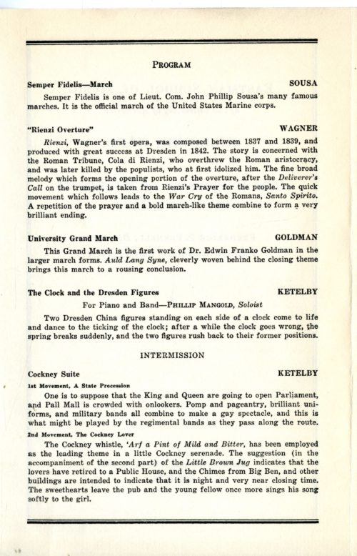 Printed program for the UR Symphony Band’s first-ever concert, given on March 18th, 1935