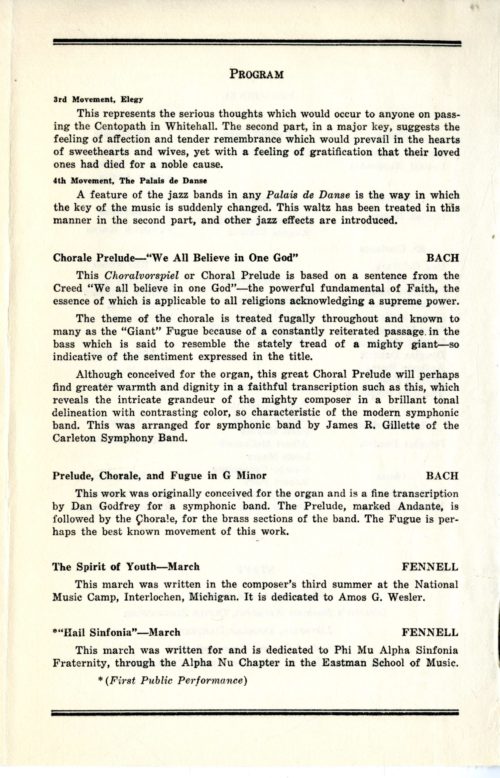 Printed program for the UR Symphony Band’s first-ever concert, given on March 18th, 1935