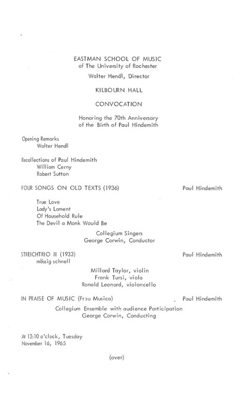 1965 November 16 Convocation Paul Hindemith 70th anniversary page 1