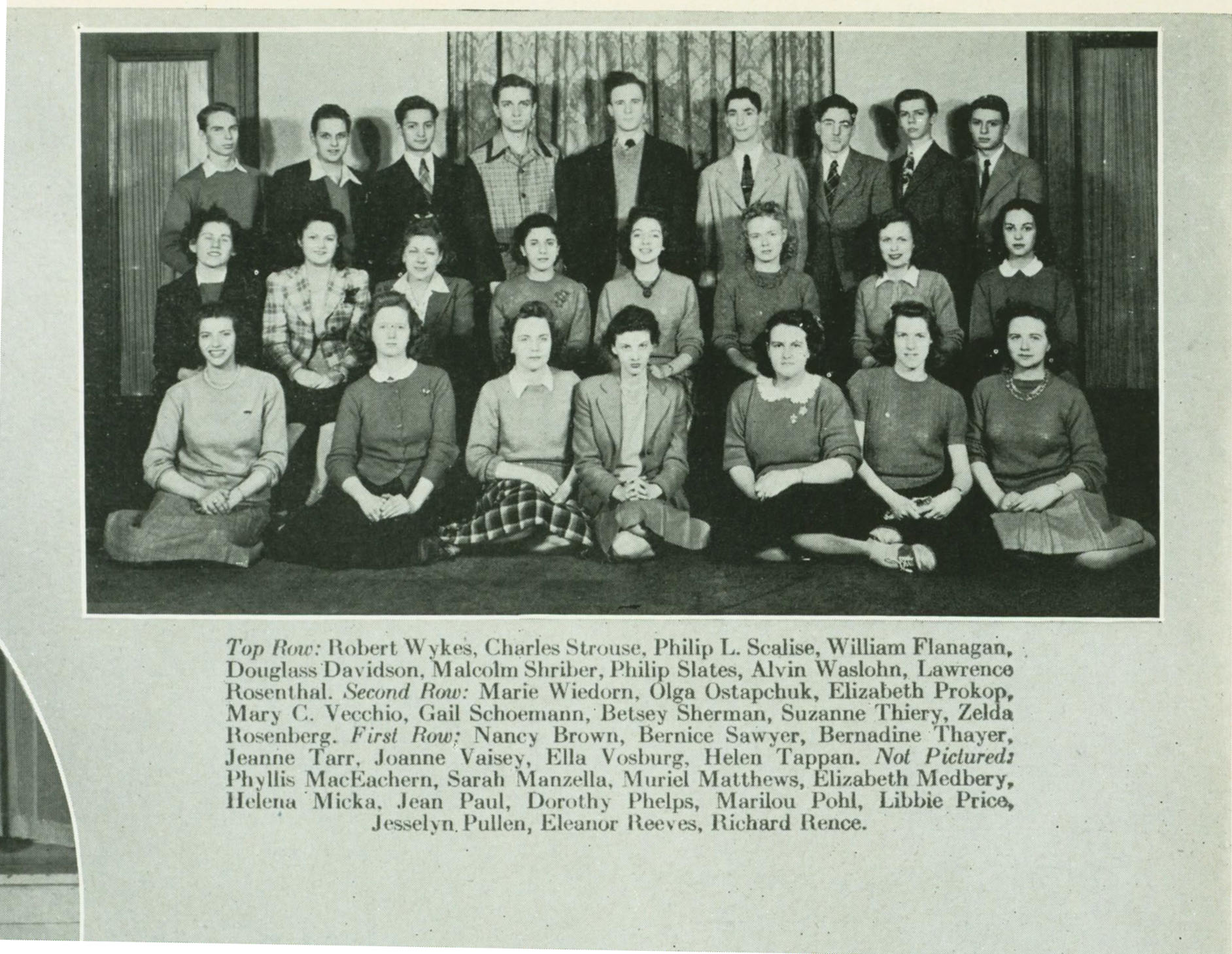 One of the photos of the Sophomore class printed in The Score 1944, page 43. Charles Strouse and William Flanagan are in the top row, standing.