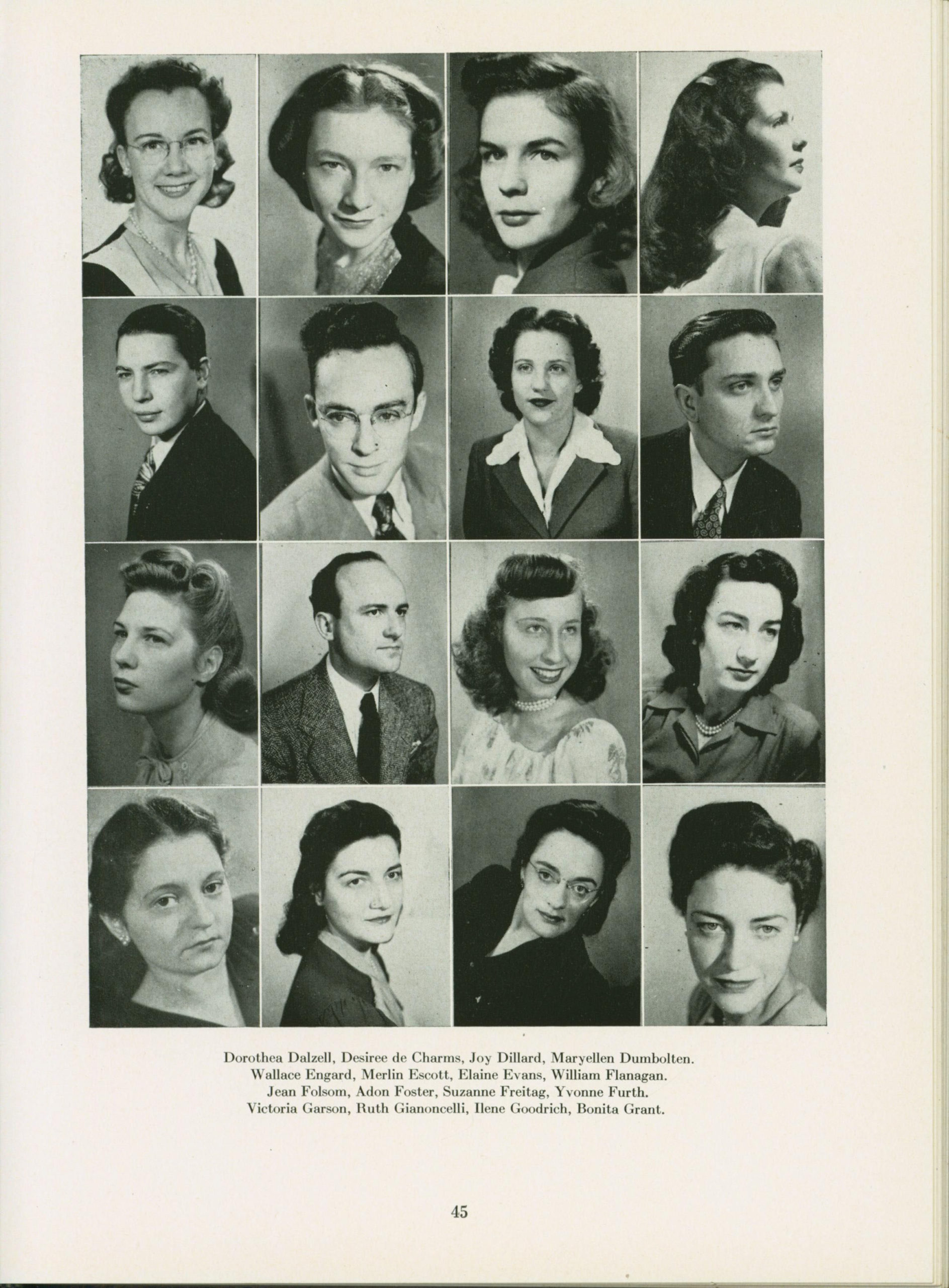 One page of Junior class photos printed in The Score 1945, page 45. William Flanagan is in the second row, right.