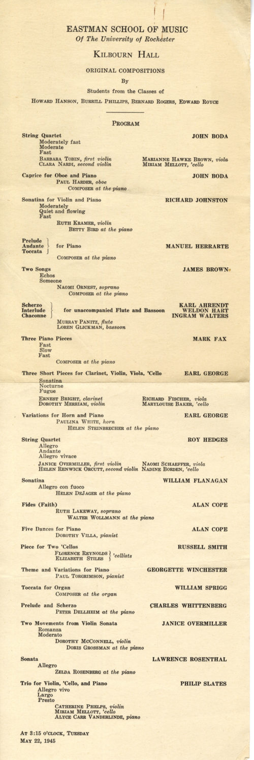 From the chronological file of concert programs, Eastman School of Music Archives. Music by William Flanagan was programmed in at least two concerts of Original Compositions during his years at Eastman.