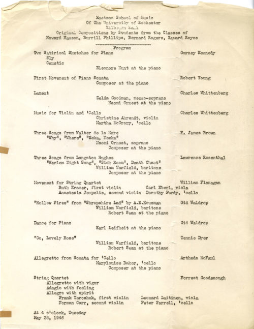 From the chronological file of concert programs, Eastman School of Music Archives. Music by William Flanagan was programmed in at least two concerts of Original Compositions during his years at Eastman.