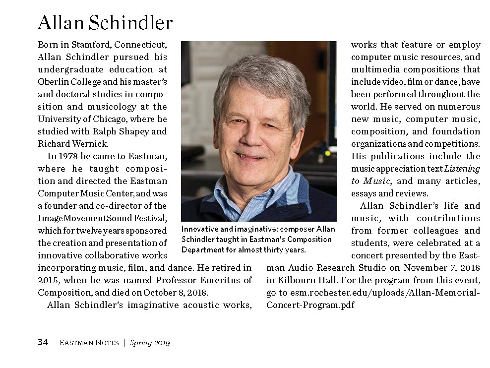 Allan Schindler, In memoriam article, from Notes (Spring 2019)