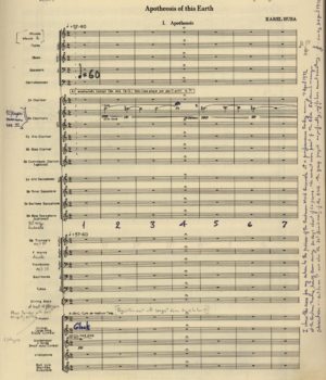Fist page of music from the score of Apotheosis of This Earth by Karel Husa, annotated by conductor Fennell. Frederick Fennell Collection, Sibley Music Library.