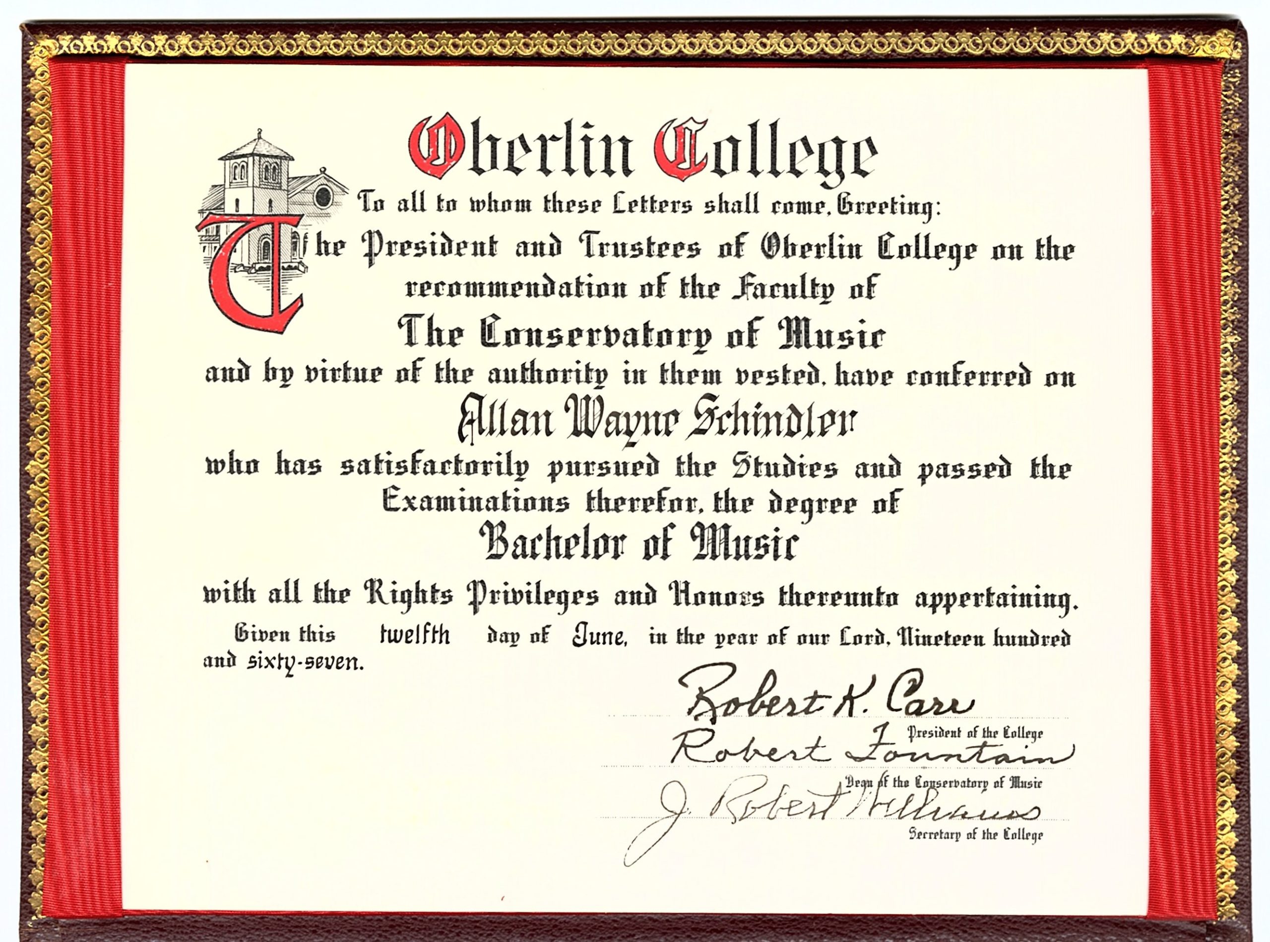 Bachelor of Music diploma, Oberlin College (June 1967)