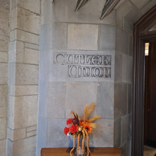 Formerly the west entrance to Cutler Union, today this door is an interior door at the east end of the Vanden Brul Pavailion connecting Cutler Union with the Memorial Art Gallery.