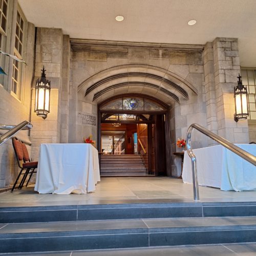 Formerly the west entrance to Cutler Union, today this door is an interior door at the east end of the Vanden Brul Pavailion connecting Cutler Union with the Memorial Art Gallery.