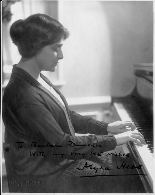 Photo of Myra Hess, inscribed to Sibley Librarian Barbara Duncan. Photo by Florence VanDamm, New York City.