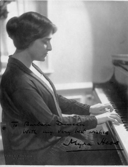 Photo of Myra Hess, inscribed to Sibley Librarian Barbara Duncan. Photo by Florence VanDamm, New York City.