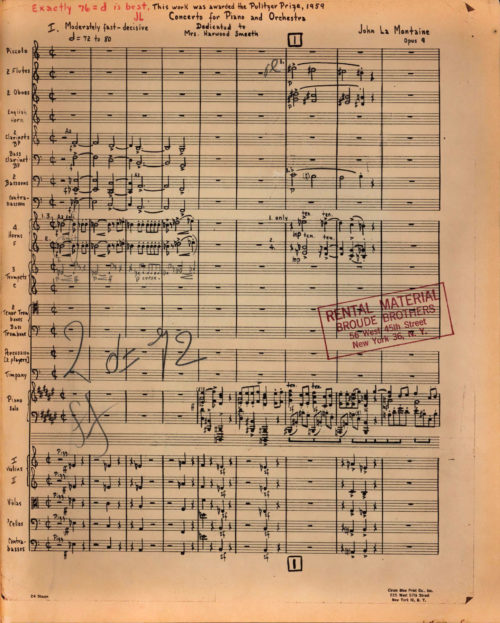 First page of music in the conductor’s score of the Concerto, opus 9. John La Montaine Collection.