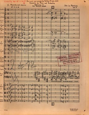 First page of music in the conductor’s score of the Concerto, opus 9. John La Montaine Collection.