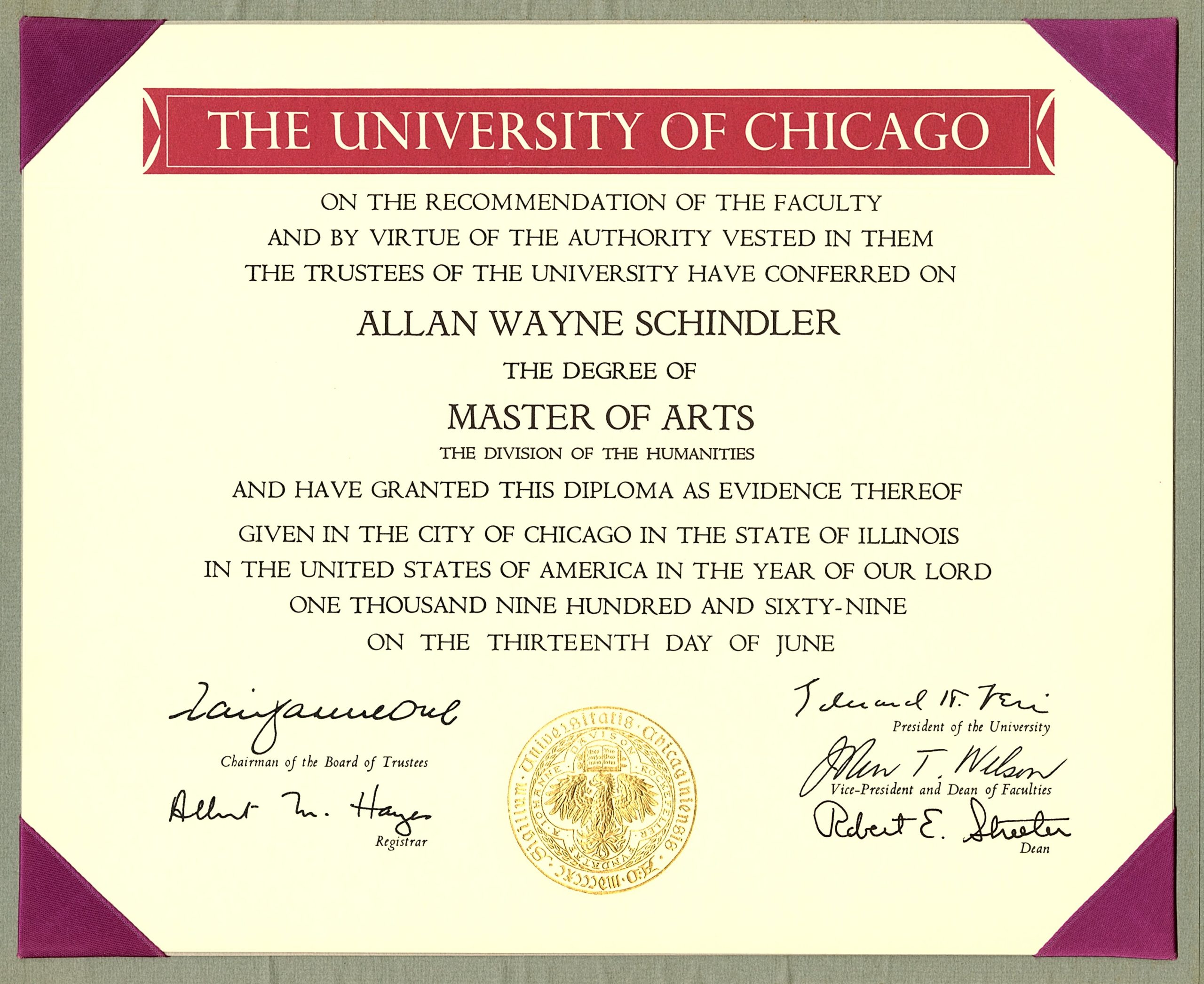 MA diploma, University of Chicago (June 1969)