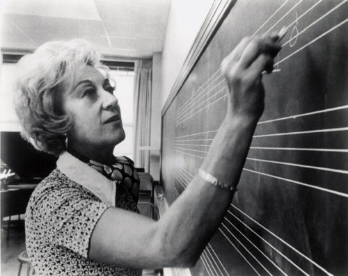 Marian McPartland “trying to write a blues,” Eastman School of Music, Rochester, NY (1970s). Photograph by Louis Ouzer, from Marian McPartland Collection, Box 28, Folder 2, Sleeve 14.