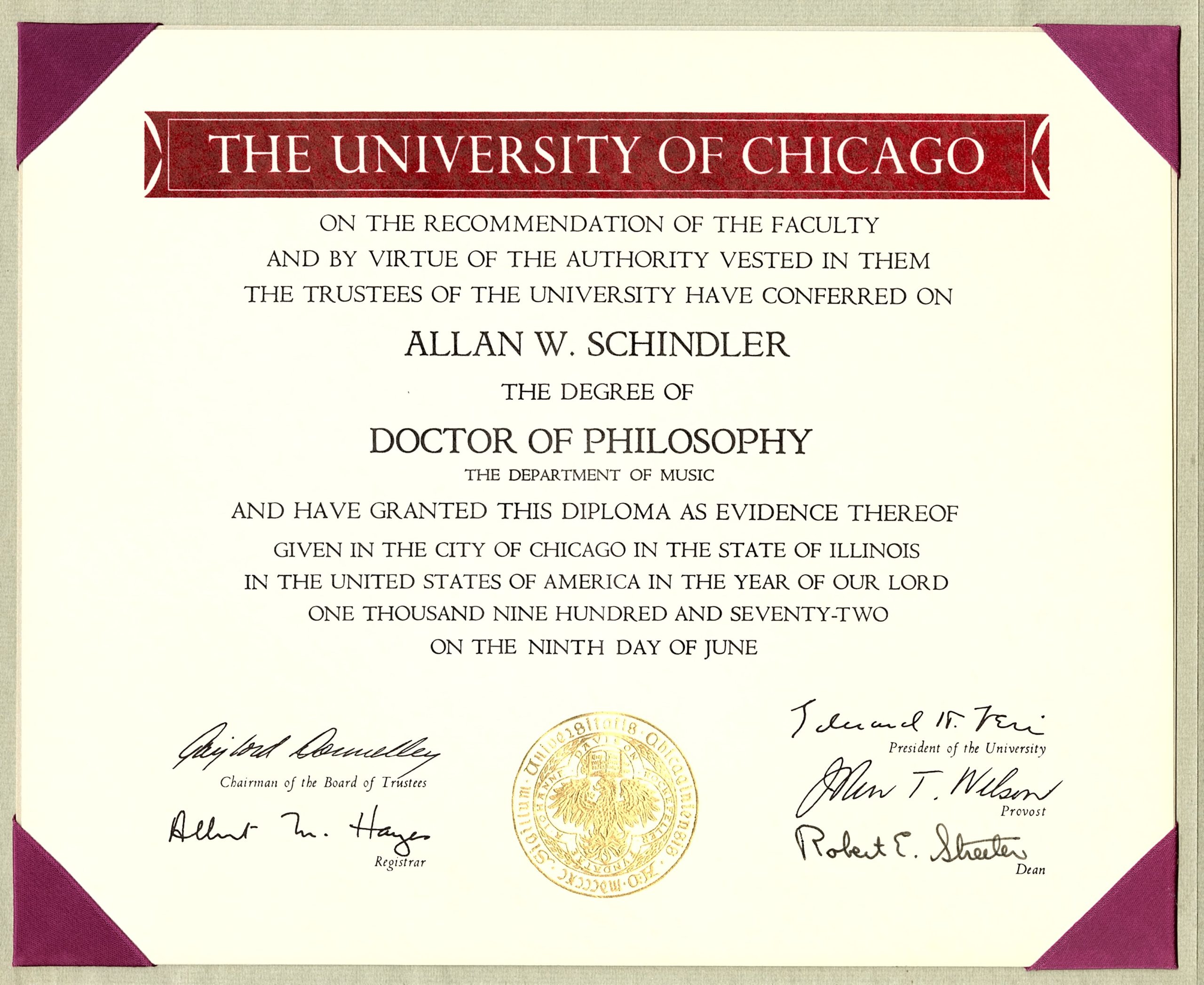 PhD diploma, University of Chicago (June 1972)
