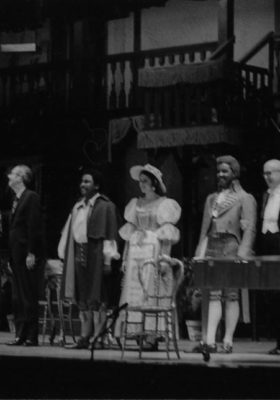 On December 18th, 1970, the cast’s principals are joined on-stage by director Leonard Treash (fourth from left) and conductor Edwin McArthur (fourth from right) as they acknowledge the audience applause in Kilbourn Hall.