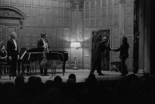 Professor Warren Benson and the members of the Eastman Quartet acknowledge applause on-stage in Kilbourn Hall following the performance of Capriccio.