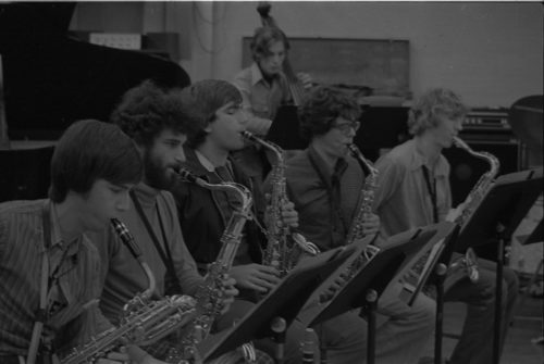 Eastman New Jazz Ensemble saxophone section in rehearsal.
