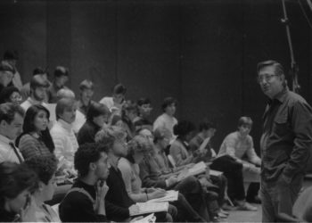 On the day of the recording session, December 10th, 1983, members of the chorus and the vocal soloists all participate in preliminaries.