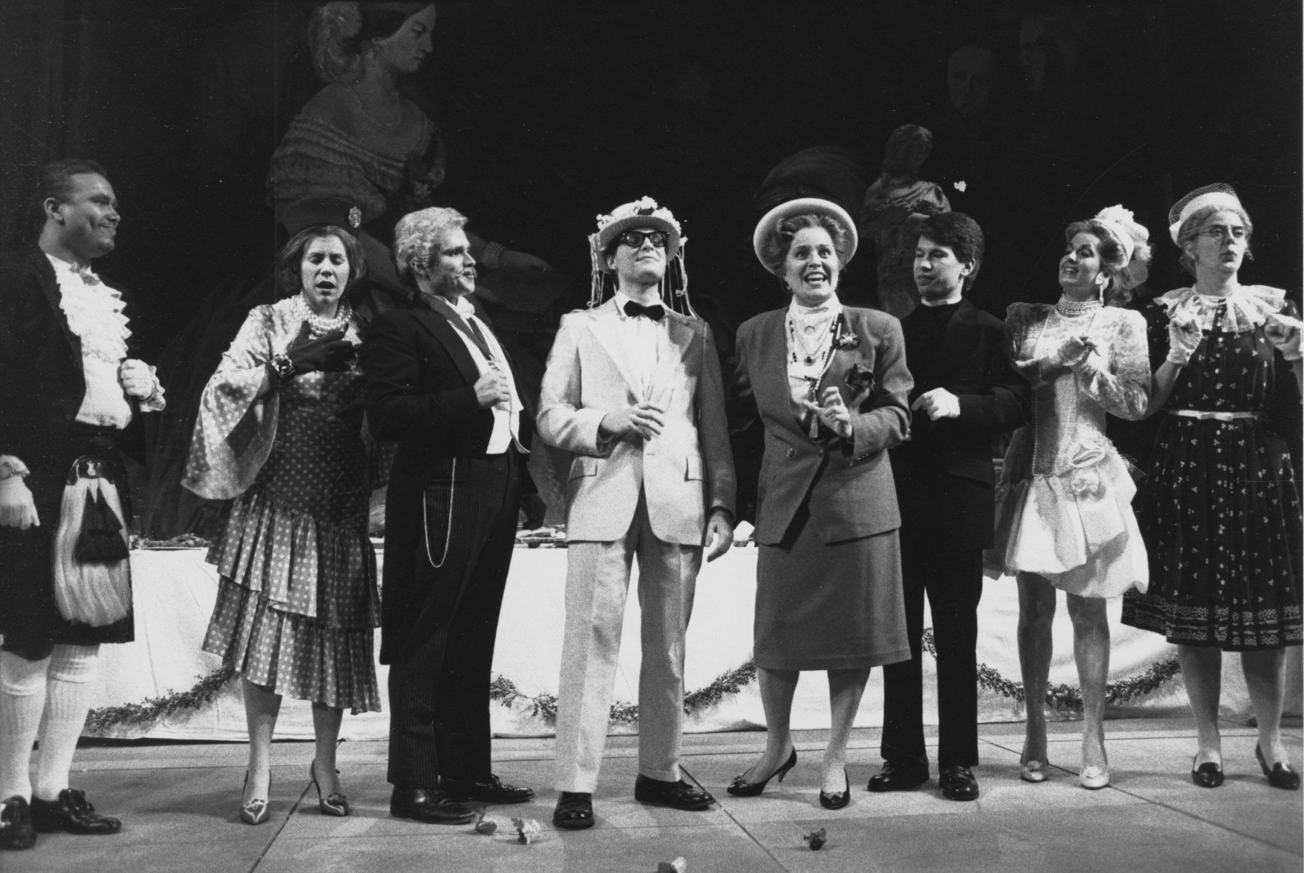 Group shot during the coronation scene, act II: Albert, Lady Billows, Miss Pike, and the committee of four during the coronation scene, act II. Also present on-stage are two of the cast’s six “movers and shakers”, non-singing characters whom Director Pearlman had cast. Photo by Marcio Botelho. Richard Pearlman Collection.