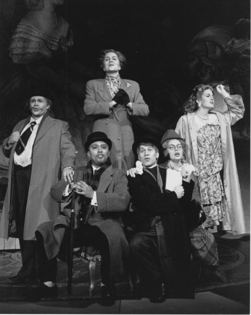 Lady Billows (Kathryn Hearden) with her housekeeper (and de facto informant) Florence Pike (Mary Nessinger) and the committee of four (Jeannie Clegg as Miss Wordsworth; Steven Scheschareg as vicar Mr. Gedge), Richard Sanchez as mayor Mr. Upfold, and Dave Blackwell and Police Superintendent Budd) in act I. Photo by Marcio Botelho. Richard Pearlman Collection.