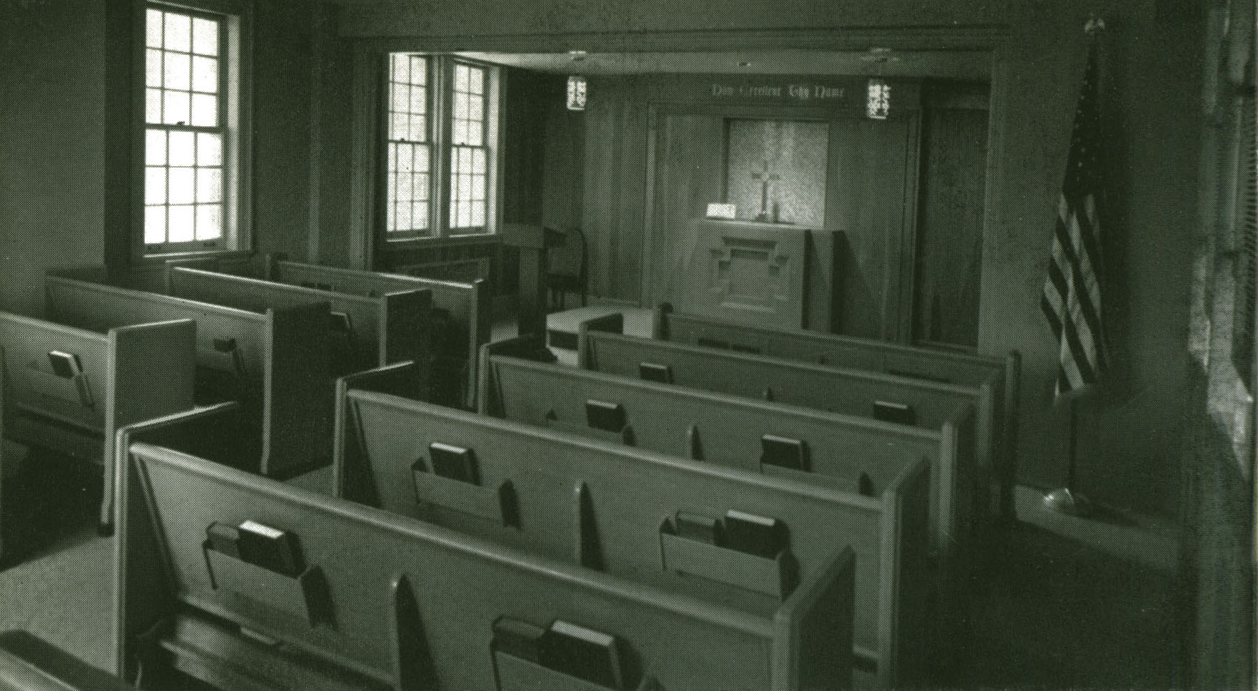 An early photo of the chapel’s interior, published in a profile of the Eastman School edited by faculty member Charles Riker (1963).