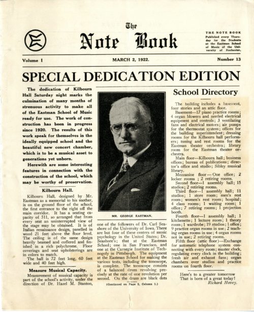 Front page of the “special dedication issue” of The Note Book, the Eastman School’s student newspaper, commemorating the formal opening of Kilbourn Hall.