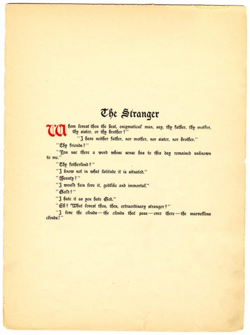 Text of The Stranger, poem by Baudelaire, from Tone Pictures score.