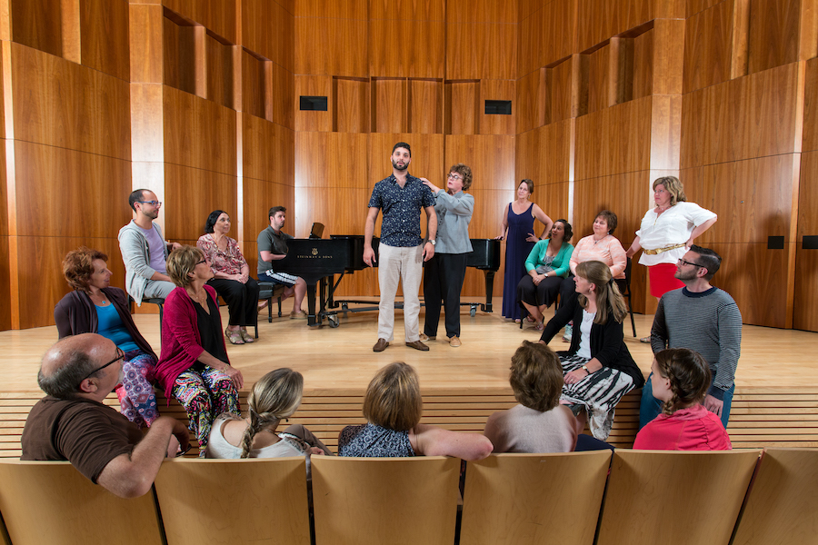 Kathryn Cowdrick and student demonstrating vocal technique for class in Hatch Hall