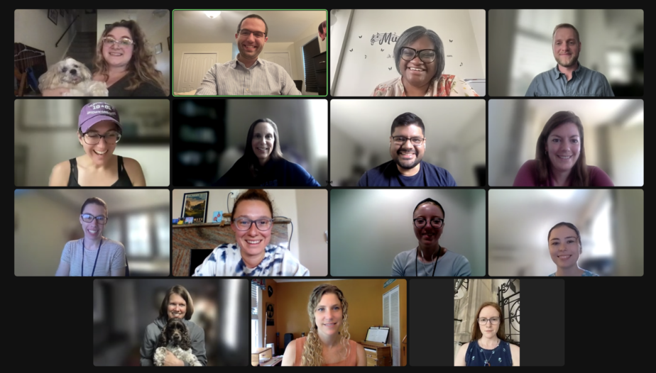 Zoom meeting screen with 15 people in grid