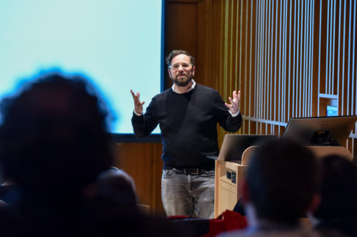 Associate Professor of Music Seth Brodsky '07E (PhD) gave a talk on Schumann Day on April 3, 2024. Photo by Kerry Lubman.