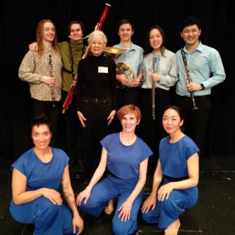 Woodwind Quintet with Daystar Dance members. Back row, from L to R: Sam Suchta, Alistair Picken, Rosalie Jones, Kevin Jin, Hannah Wang, and Sam Wood. Front row, from L to R: Angela Lopez, Nanko Horikawa Mandrino, and Nancy Hughes. Photo credit: Jennifer Button
