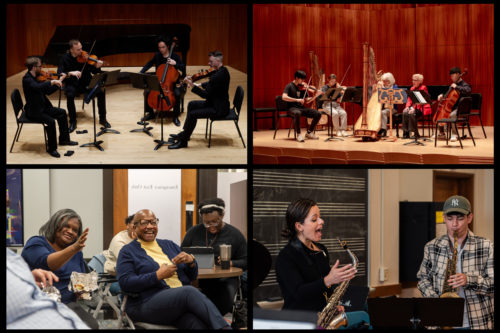 Four Photo Collage: Top left: The JACK Quartet performed in March 2024 as part of the Clark Chamber Music Residency. Bottom left: Constance (Connie) McKoy, Director of Undergraduate Studies in Music at the University of North Carolina at Greensboro, spoke with students at a George Walker Center lunch with Associate Dean of Equity and Inclusion Crystal Sellers Battle (left). Photo by Lauren Sageer. Top Right: Guest harpist Catherine Mitchel performed in Hatch Recital Hall in March 2024. Photo by Lauren Sageer. Bottom Right: zz alto saxophonist Alexa Tarantino worked with Eastman students ahead of a Chamber Jazz Ensemble concert in May 2024. Photo by Lauren Sageer.